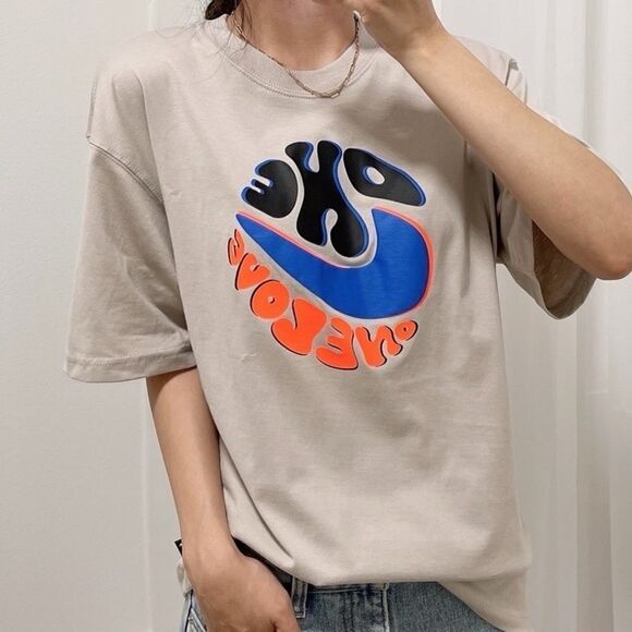 Nike Power Love Sport Crewneck Short Sleeve Loose Fit T-Shirt Beige Tan - Picture 2 of 9